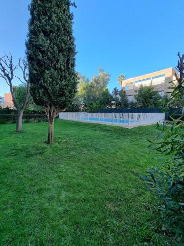 un arbre au milieu d'un champ avec une clôture dans l'établissement Studio Juan les Pins See View, à Antibes