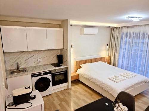 Cette petite chambre comprend un lit et une cuisine. dans l'établissement Studio Juan les Pins See View, à Antibes