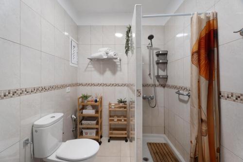 a small bathroom with a toilet and a shower at Serene Terrace And Pool in Playa de las Americas