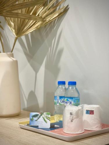 a tray with toilet paper and water bottles on a table at Villa Rose Marie Calme et Grands Espaces in Le François