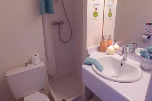une salle de bain avec toilettes, lavabo et douche dans l'établissement Résidence Piriac-sur-Mer Bretagne Sud, Piriac-sur-Mer,terraced house for 5 pers, à Piriac-sur-Mer