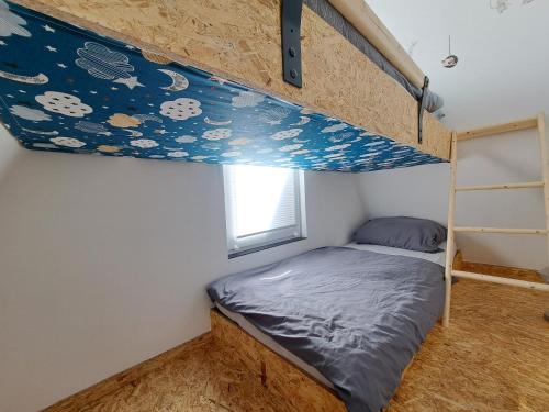 a bunk bed in a small room with a ladder at Ferienhaus Siebenschläfer mit privater Sauna in Bad Wünnenberg
