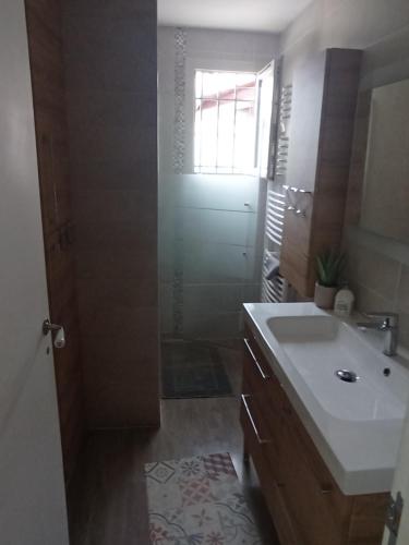 une salle de bain avec un lavabo blanc et une douche dans l'établissement Maison 6-8 personnes, à La Celle-sous-Gouzon