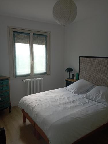 une chambre avec un grand lit et deux fenêtres dans l'établissement Maison 6-8 personnes, à La Celle-sous-Gouzon