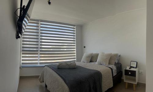 a bedroom with two beds and a large window at MAIPU CENTRO LADO UNIVERSIDAD udd in Concepción