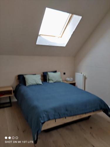 a bedroom with a large bed with a skylight at Luxury eco home with large garden and lots of light in Ons Belang