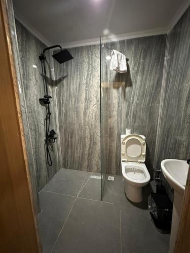 a bathroom with a shower and a toilet and a sink at Emsa Otel Maltepedeki Eviniz in Istanbul