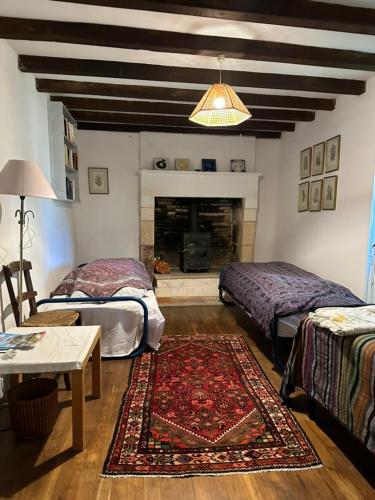 - un salon avec deux lits et une cheminée dans l'établissement Dordogne Larmalie, à Allemans