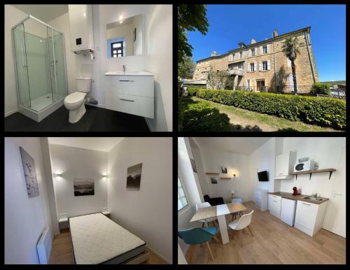 un collage de photos d'une salle de bains avec toilettes et lavabo dans l'établissement Location vacance en plein cœur de Montignac, à Montignac
