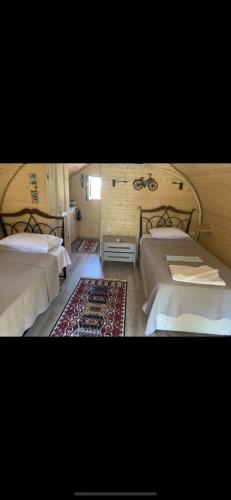 a bedroom with two beds and a rug at Nur Konak Bungalov 7 in Çanakkale