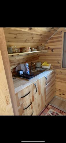 a kitchen with a sink in a wooden cabin at Nur Konak Bungalov 7 in Çanakkale