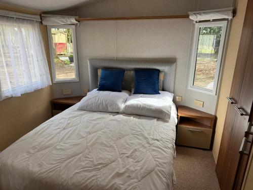 a bedroom with a large white bed with blue pillows at Whitwell and Reepham Station - Tom in Norwich