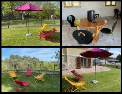 un groupe de quatre photos de chaises et d'un parasol dans l'établissement Maison de location vacance avec piscine couverte, à Auriac-du-Périgord