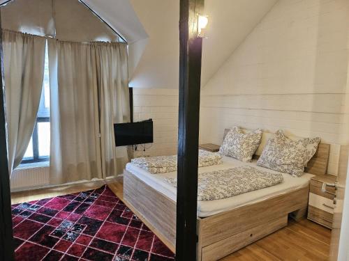 a bedroom with a large bed with a tv on it at Paradies 1 in Bonn