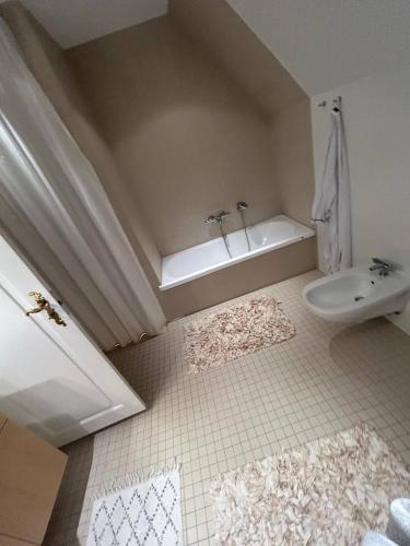 a bathroom with a bath tub and a sink at Copenhagen Denmark by the Sea Villa Solrd Strand in Solrød Strand