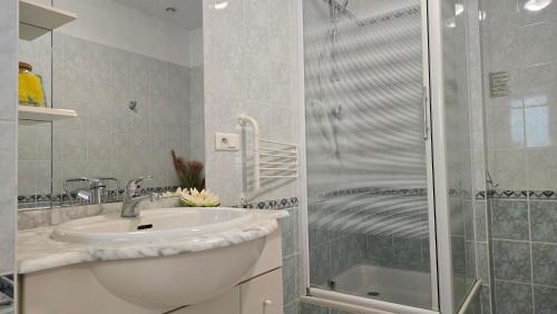 une salle de bain avec un lavabo et une douche dans l'établissement Maisonnette avec jardin en campagne, à Montségur-sur-Lauzon