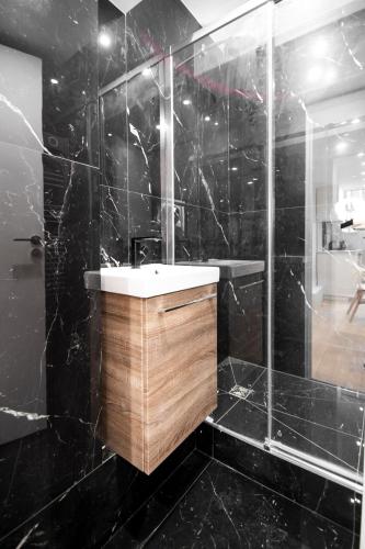 La salle de bains noire est pourvue d'un lavabo et d'une douche. dans l'établissement CIA - Flat in Bonne Nouvelle, 4P, à Paris