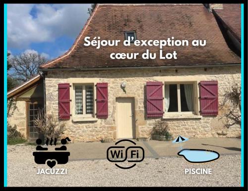une maison avec des volets rouges et un panneau sur elle dans l'établissement Gîte le Cantou, Martel avec piscine & jacuzzi, à Martel