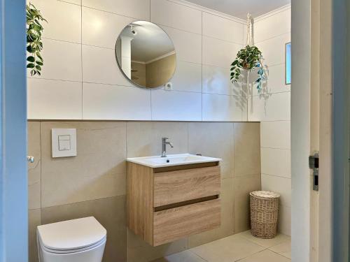 a bathroom with a sink and a toilet and a mirror at Vakantievilla Kas di Goso in Jan Thiel in Jan Thiel