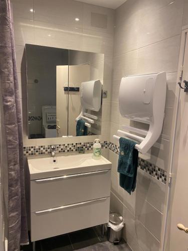 une salle de bain avec un lavabo et un miroir dans l'établissement D-Day Cottage La Maove, à Grandcamp-Maisy