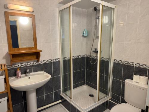 Un baño con ducha, lavabo e inodoro. en ღ Jumanji - Proche Parc et Commodités & Wifi, en Sainte-Luce-sur-Loire
