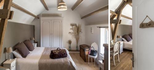 deux images d'une chambre avec un lit et une table dans l'établissement La Cour Souveraine - Chambre d'hôtes Le Cap, à Mosles