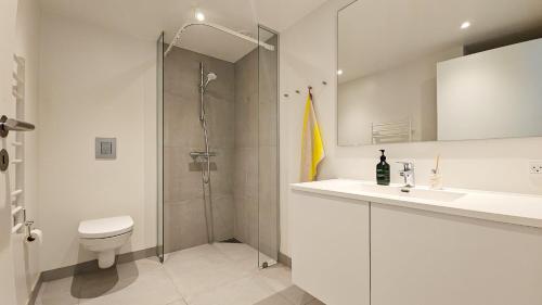 a bathroom with a shower and a toilet and a sink at Panoramalejlighed med fantastisk udsyn over havet og Torshavn in Tórshavn