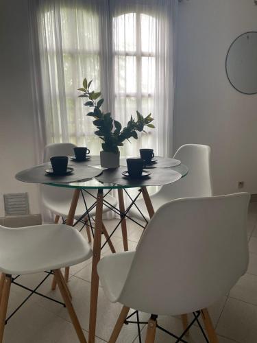 a table with white chairs and a potted plant on it at Departamento centrico in Paraná