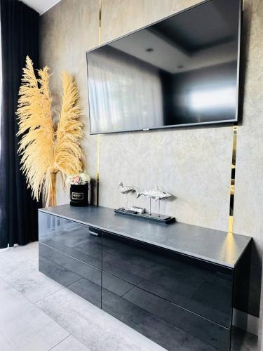 a black dresser with a mirror on a wall at Apartamenty BLUE BALTIC SPA Jacuzzi & Sauna MORZE in Chłopy