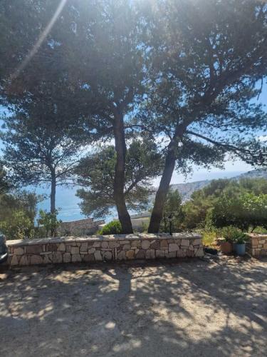 a stone wall with two trees in the background at Villa Kristiano 21 in Sarandë