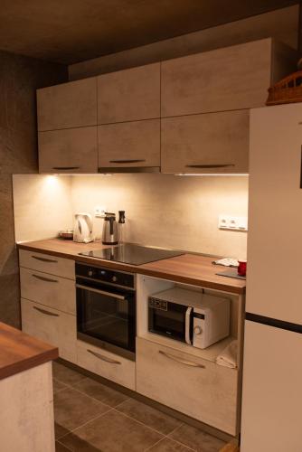 a kitchen with a stove and a microwave at Apartmán U Holoubka in Nové Město na Moravě