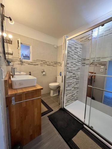 une salle de bain avec une douche, un lavabo et des toilettes dans l'établissement Polo, à Valras-Plage