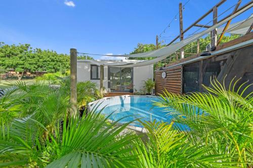 Las PalmasLas Palmas Cottage - Serene Eco Retreat的植物屋前的游泳池