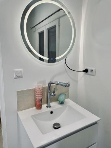 une salle de bain avec un lavabo et un miroir dans l'établissement Z&L Villa Jardin - 2 Chambres 3 Lits - Maison familiale, à Bourg-la-Reine