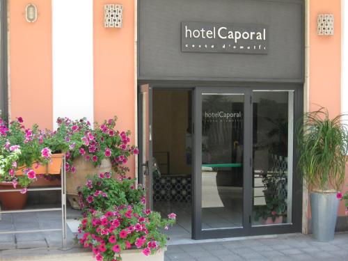 einen Hotelgarten mit Blumen vor einer Tür in der Unterkunft Hotel Caporal in Minori