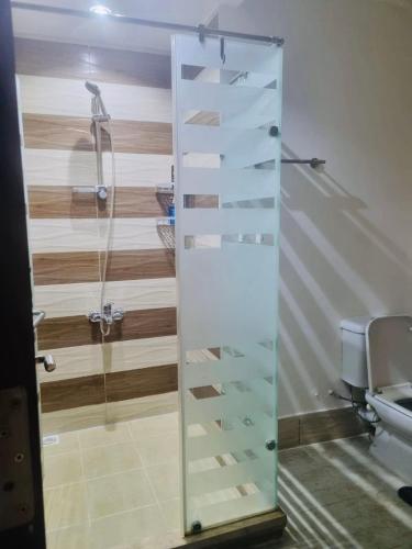 a bathroom with a shower and a glass cabinet at Apartment in Port Ghalib Marina City in Port Ghalib