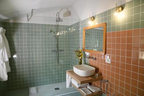 a bathroom with a sink and a shower with a mirror at Lodge dello Scoiattolo in Fosciandora