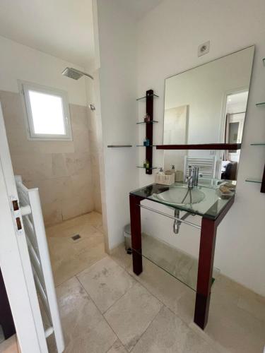 une salle de bain avec un lavabo et un miroir dans l'établissement Grand Studio "Méjean" - Domaine Ciel et Mer, à Ensuès-la-Redonne