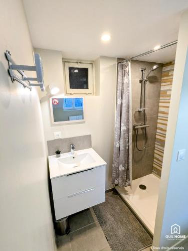 une salle de bain avec un lavabo et une douche dans l'établissement Le Bourgogne - Chambres privées cosy et rénovées avec douche - Centre historique, à Orléans