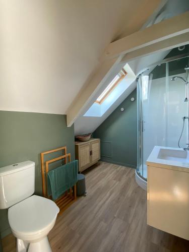 a bathroom with a toilet and a glass shower at Les LOTUS de BELLE-YLE in Yvré-lʼÉvêque
