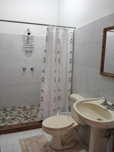 a bathroom with a shower curtain and a toilet and a sink at Villas Palmerola Comayagua in El Coquito