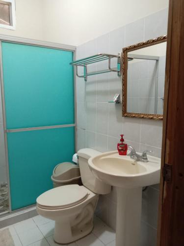 a bathroom with a toilet and a sink and a mirror at Villas Palmerola Comayagua in El Coquito