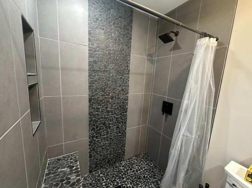 a shower with a shower curtain in a bathroom at The Cove at Lake Murray in Chapin