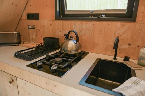 a tea kettle sitting on top of a stove in a kitchen at Tiny House Pioneer 1 - Salemer See in Salem
