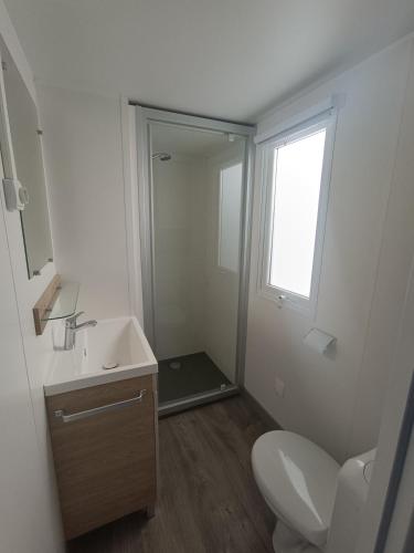 une salle de bain avec toilettes, lavabo et fenêtre dans l'établissement Lac des Rêves, à Lattes