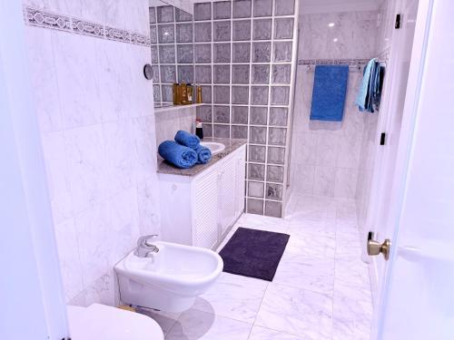 a white bathroom with a toilet and a shower at Aquamarina Gran Canaria in Los Caideros