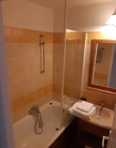 une salle de bain avec une baignoire et un lavabo et une baignoire dans l'établissement Appartement cosy à Monflanquin, 31 m² avec piscine, à Monflanquin