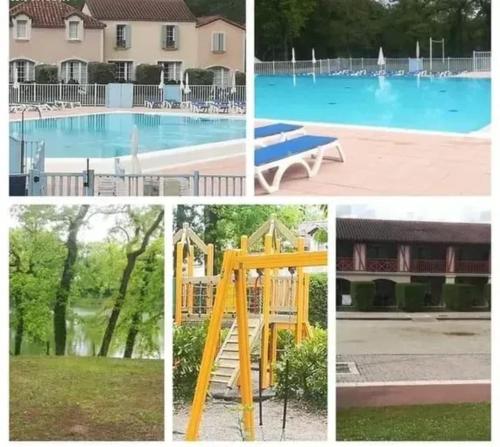 un collage de photos d'une piscine et d'une aire de jeux dans l'établissement Appartement cosy à Monflanquin, 31 m² avec piscine, à Monflanquin