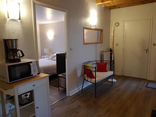 - une chambre avec un lit, une télévision et un miroir dans l'établissement Studio proche Chaine des Puys, SDB privée, kitchenette, à Saint-Genès-Champanelle