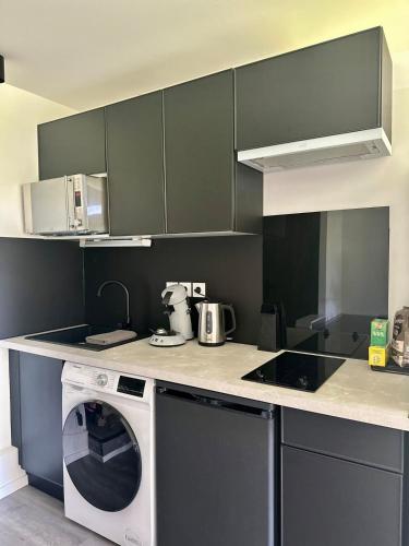 une cuisine avec un lave-linge sur les comptoirs dans l'établissement Studio Lyon 8 proche hôpitaux, à Lyon